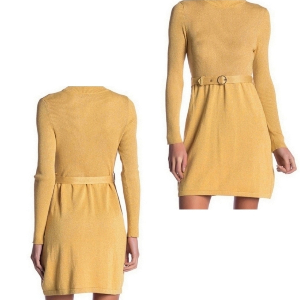 Free People French Girl Yellow Gold Mini Sweater Dress